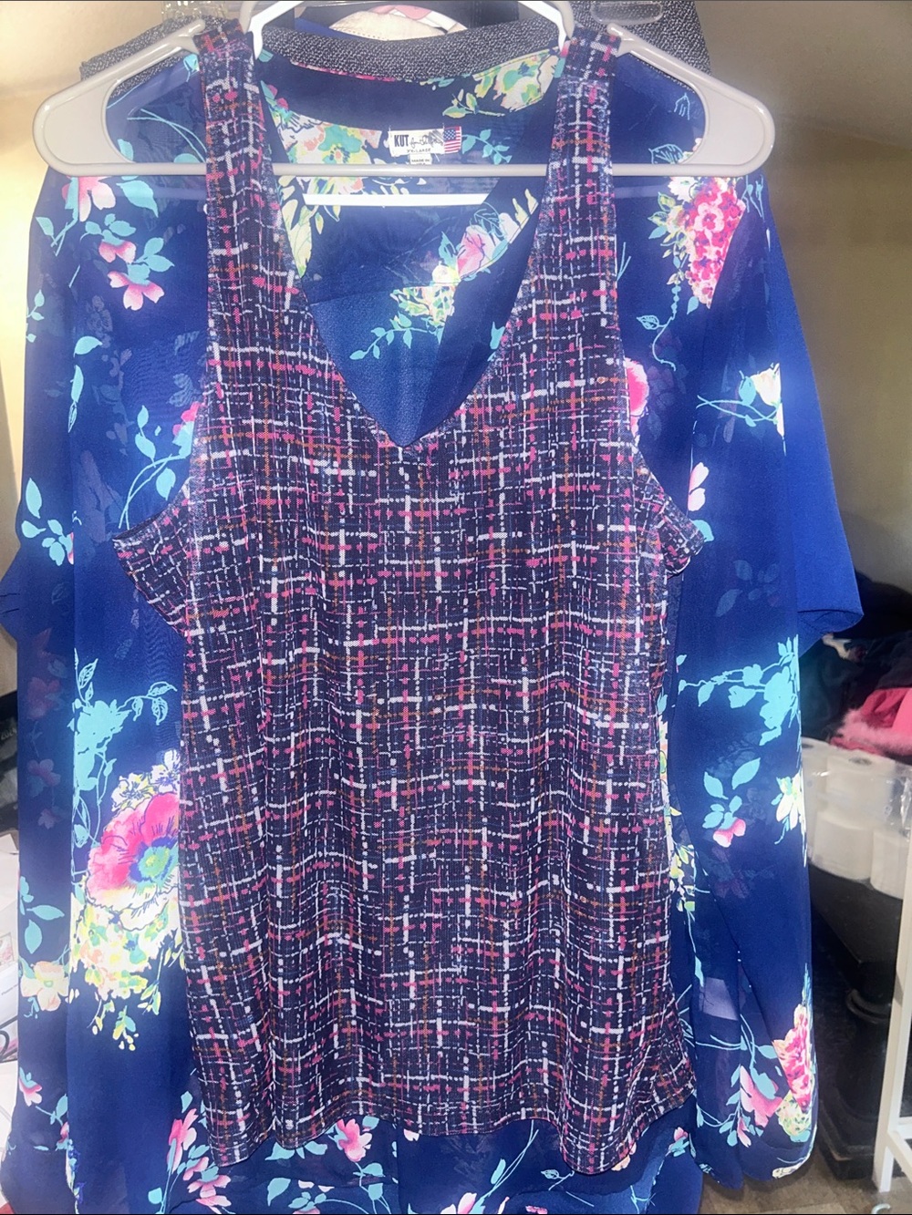 Chico's Navy Tank Top with Pink and White Plaid